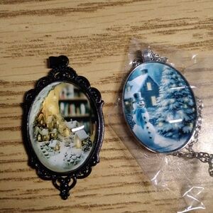 NWOT 2PC Christmas Village Pendant Necklace & Snowman Pendant Necklace Plated